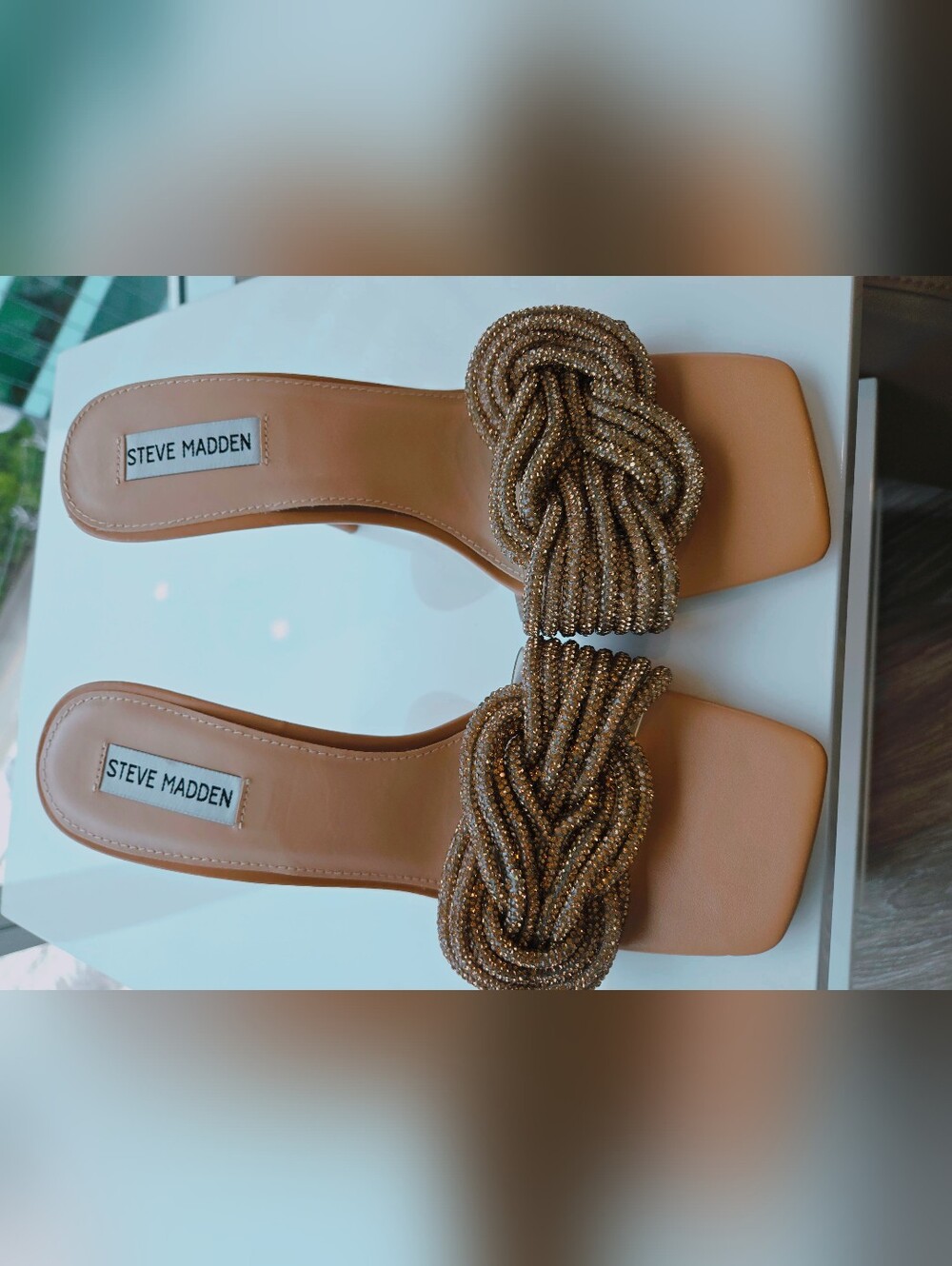 Steve Madden Tan Beaded Knot Slide Sandals